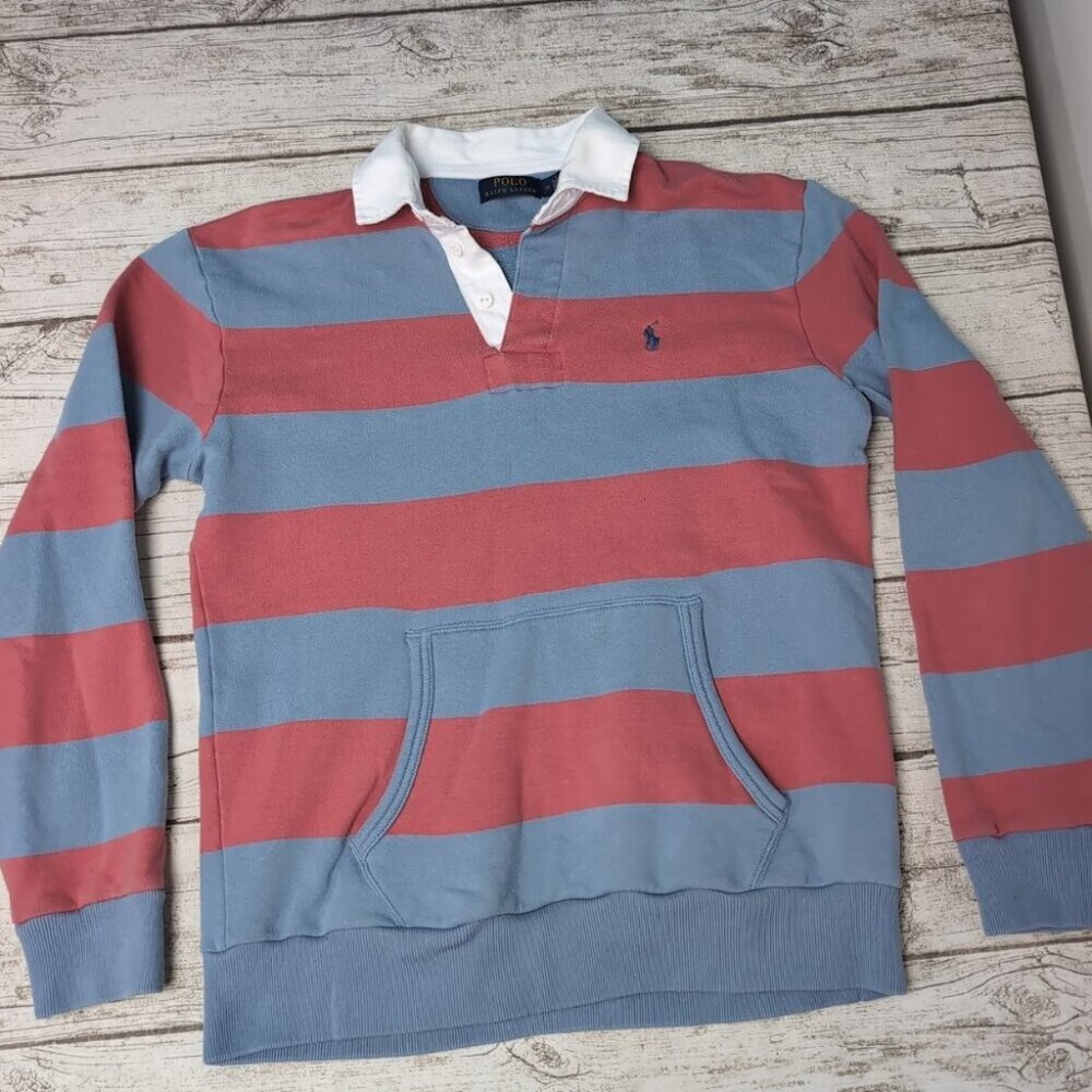 Polo Ralph Lauren Light Blue and Red Striped Collared Sweatshirt Men Size Medium